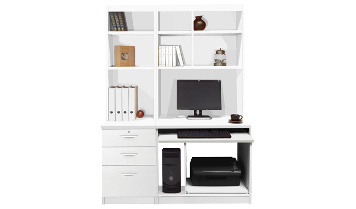 White corner desk with shop hutch and drawers